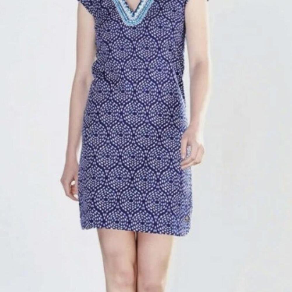 Hatley UK Blue Zara Patterned Cap Sleeve V-Neck Dress - Size - Small